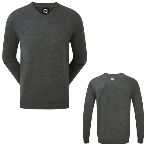A dark gray sweater is displayed from the front and back showing its v-neck design and long sleeves in a plain texture with a logo on the collar.