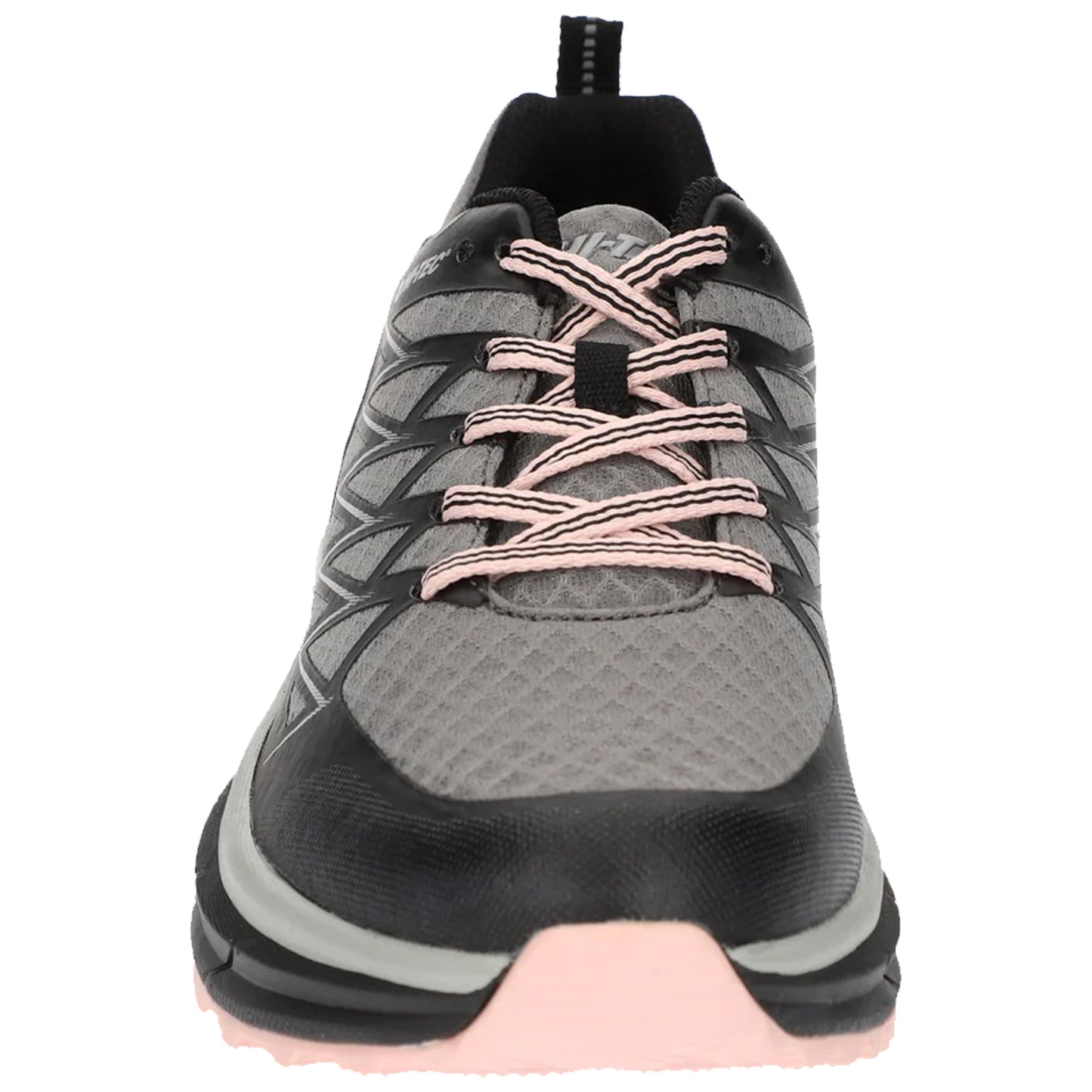 Running shoe displays a gray upper with black and pink accents while positioned upright against a neutral background suggesting a product showcase or online retail setting