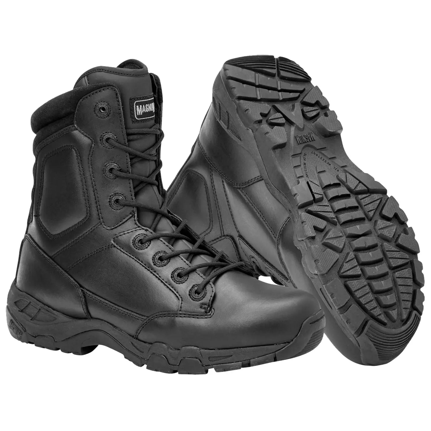 Black tactical boots are prominently displayed with a focus on their sturdy design and laces showcasing traction soles suitable for rugged terrain in a neutral background.