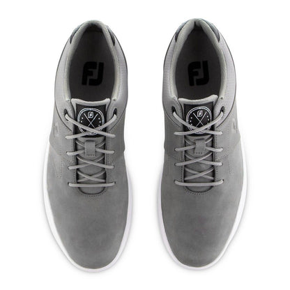 Gray athletic shoes are displayed upright with laces tied and a logo visible on the tongue. They are on a plain white background.