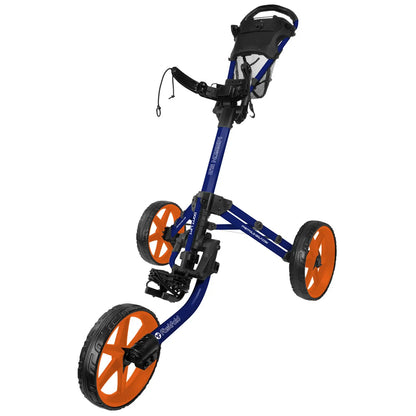 A blue and orange golf push cart is positioned upright with three wheels showcasing a sturdy frame a seat on top and a mesh basket attached for storage.