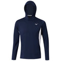 A navy long-sleeve hooded shirt features a white logo on the chest and a contrasting white panel on one side designed for athletic wear in a casual setting.