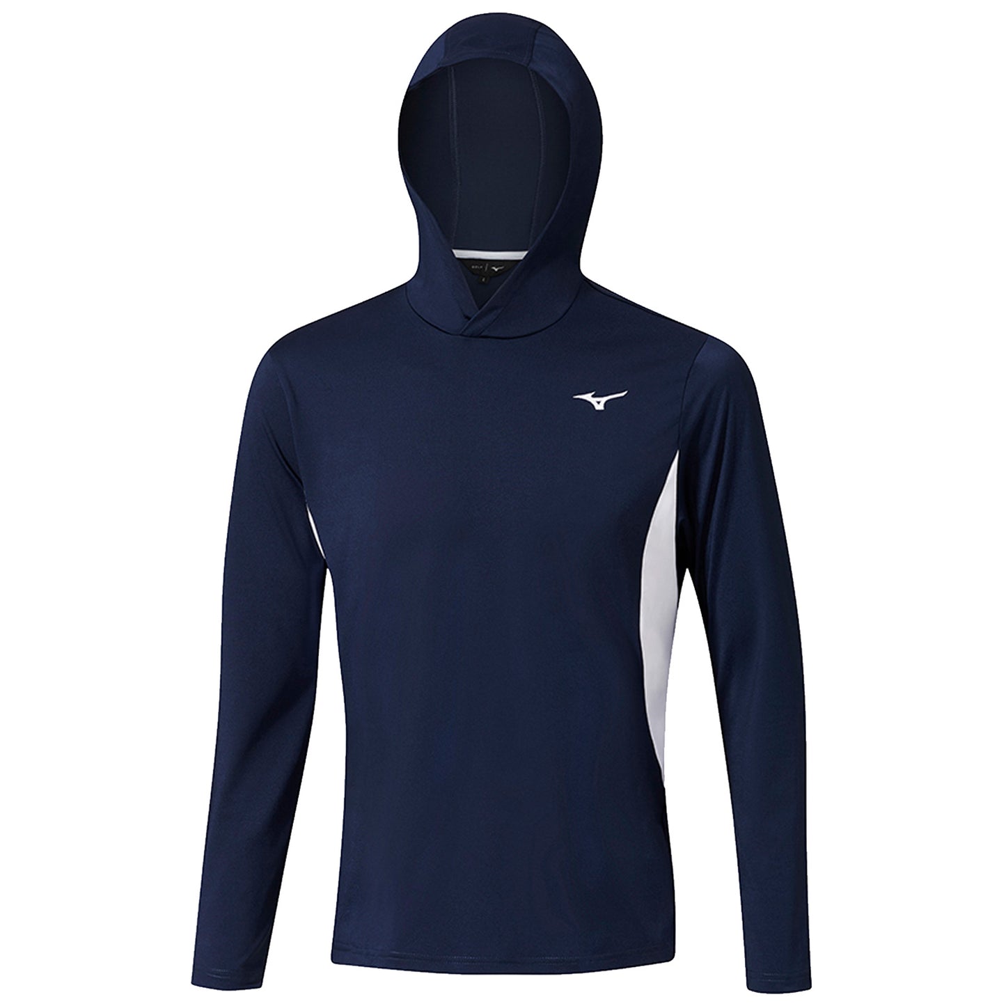 A navy long-sleeve hooded shirt features a white logo on the chest and a contrasting white panel on one side designed for athletic wear in a casual setting.