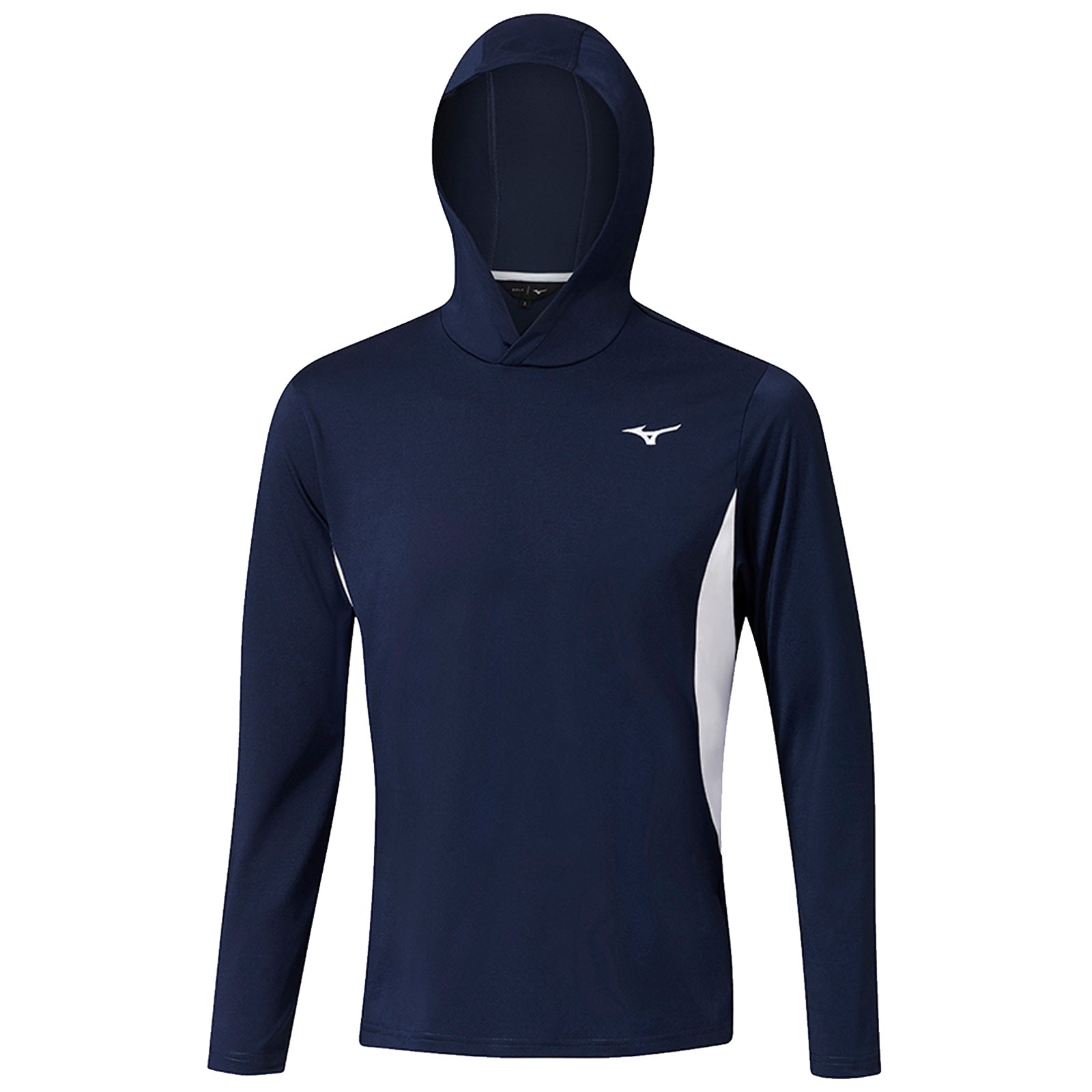A navy long-sleeve hooded shirt features a white logo on the chest and a contrasting white panel on one side designed for athletic wear in a casual setting.