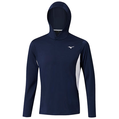A navy long-sleeve hooded shirt features a white logo on the chest and a contrasting white panel on one side designed for athletic wear in a casual setting.