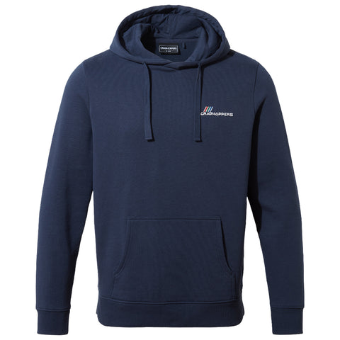 A navy hoodie with a drawstring and front pocket features the logo 'CRAGHOPPERS' on the chest. It is designed for casual outdoor wear and comfort.