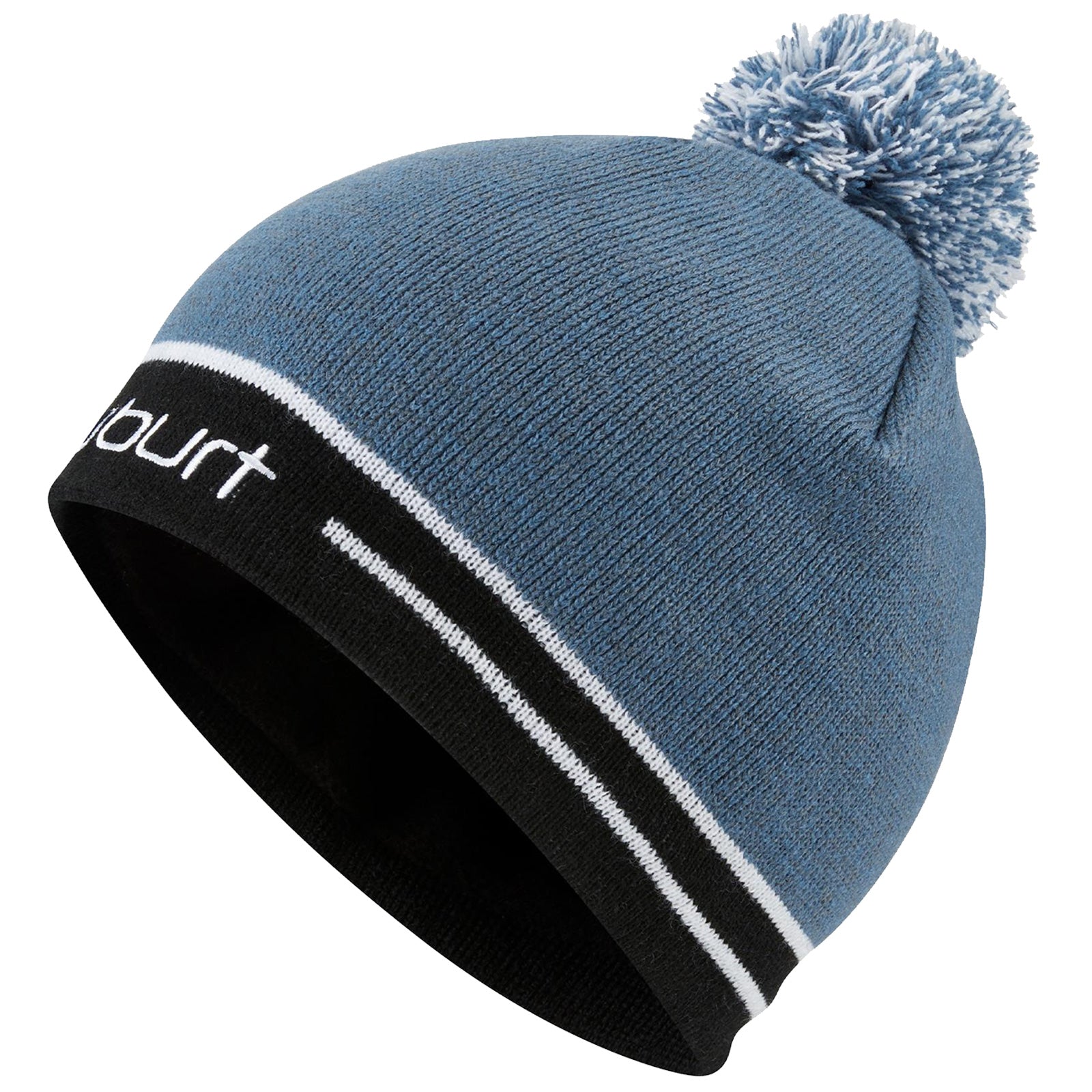 A blue knitted beanie with a black band and white stripes is displayed at an angle showcasing its pom-pom and texture. The beanie is designed for warmth in cold weather.