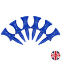 A group of six blue plastic push pins arranged in a row with pointed tips for securing items to surfaces alongside a circular label stating Made in UK and a union jack design.