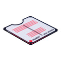 A small rectangular mirror with a cutout edge reflects light and is designed for portable use featuring red lines printed on a white background labeled as mini mirror.