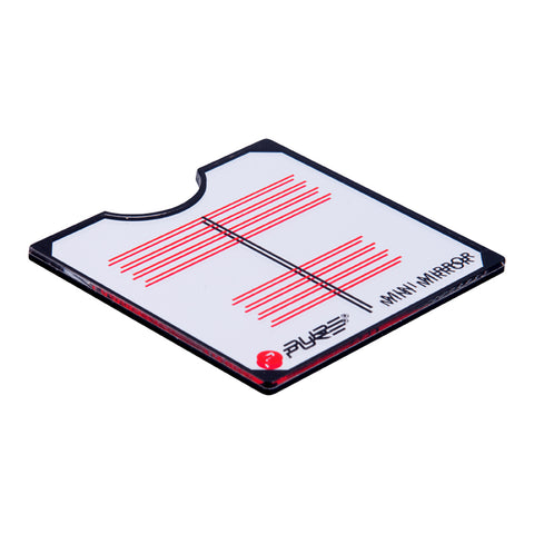 A small rectangular mirror with a cutout edge reflects light and is designed for portable use featuring red lines printed on a white background labeled as mini mirror.
