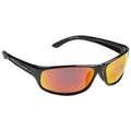 Black sunglasses with reflective yellow-orange lenses rest at an angle showcasing their sleek design and sporty styling suitable for outdoor activities or driving in bright conditions.