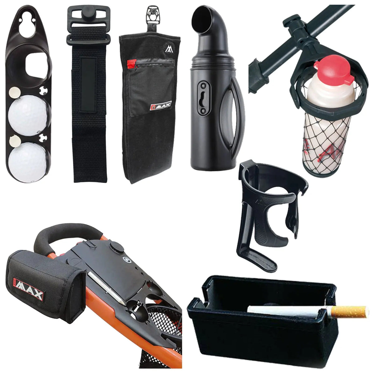 Big Max Golf Trolley Quick Lok Accessories Various golf accessories including a ball holder a beverage container a black pouch a holder for equipment and a storage basket are arranged neatly against a white background