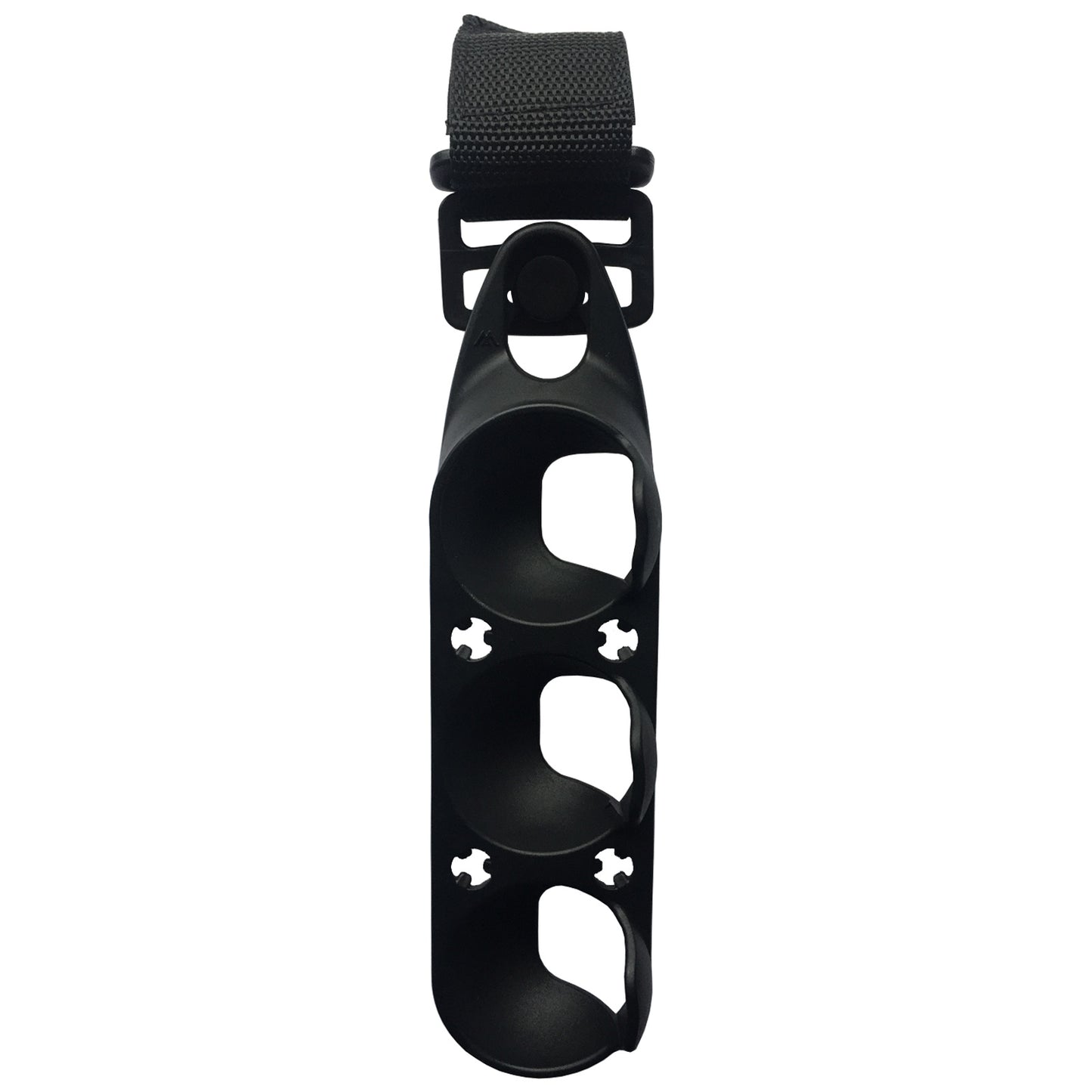 A black holder with three circular openings is designed to securely hold objects. It features a strap at the top for attachment or carrying, suitable for organizing tools or equipment.