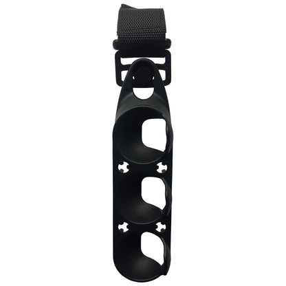 A black holder with three circular openings is designed to securely hold objects. It features a strap at the top for attachment or carrying, suitable for organizing tools or equipment.