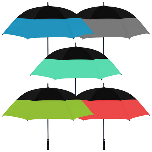 Five umbrellas are displayed in a vertical arrangement featuring a black top and colorful lower halves in shades of blue green lime gray and red against a neutral background.