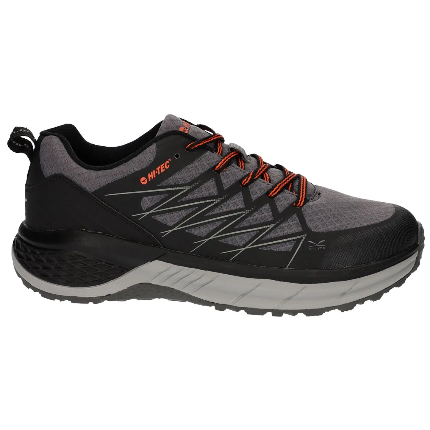 A black and gray athletic shoe features textured fabric and orange laces with a rugged sole designed for traction and stability suitable for outdoor activities and running environments.