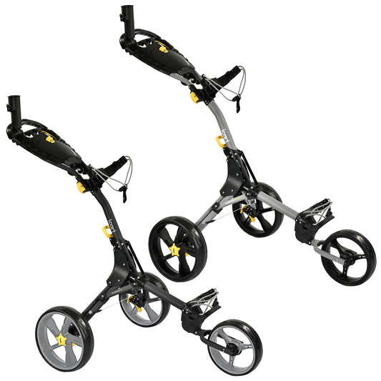 Two golf trolleys are displayed side by side featuring a black and gray frame large wheels and storage compartments indicating their use for transporting golf bags on a course