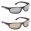 Two pairs of sunglasses are displayed side by side the top pair is black with mirrored lenses and the bottom pair is brown tortoiseshell with tinted lenses both feature a sporty design