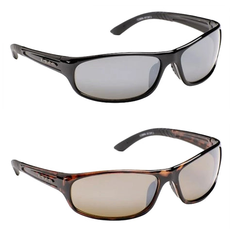 Two pairs of sunglasses are displayed side by side the top pair is black with mirrored lenses and the bottom pair is brown tortoiseshell with tinted lenses both feature a sporty design