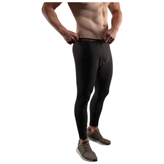 A muscular male figure is pulling up dark leggings while wearing gray athletic shoes in a plain background, showcasing a fitness-focused context. The waistband features the brand name "ZEROFIT."