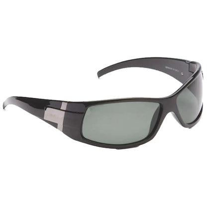 A pair of black sunglasses rests against a plain background featuring a sleek design with green-tinted lenses and silver accents positioned at the temples.
