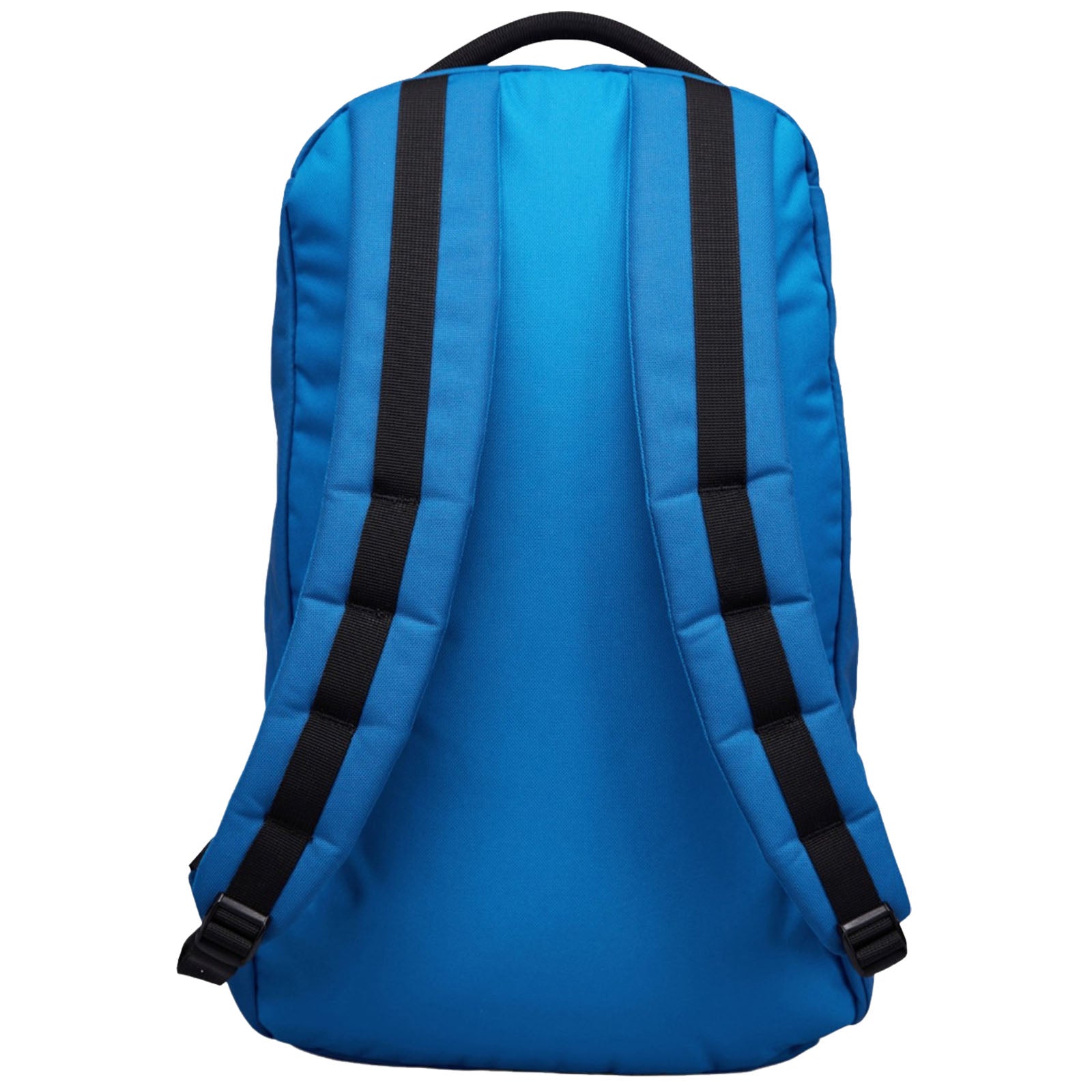 A blue backpack stands upright showcasing its padded straps and back surface in a neutral background emphasizing its functional design for carrying items comfortably.