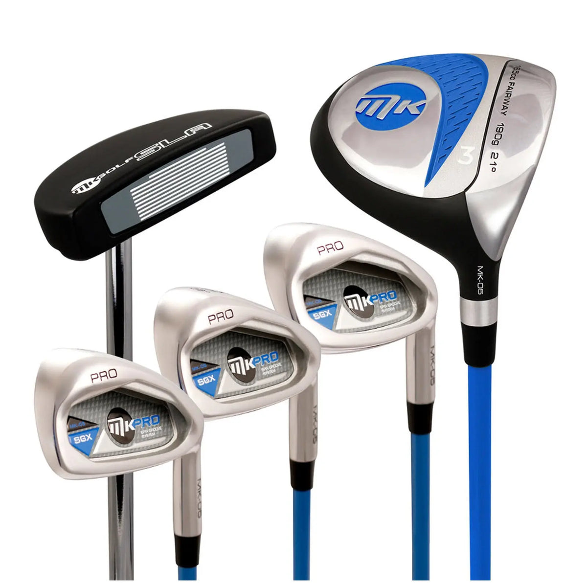 A set of golf clubs including a putter and three irons are arranged alongside a fairway wood. The clubs have metallic finishes and blue accents, suitable for playing golf on a course.