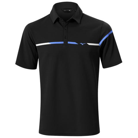 Black polo shirt with a collar displays a horizontal design featuring blue and white stripes across the chest area suitable for casual or athletic wear against a plain background.
