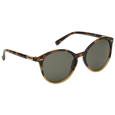 Sunglasses with a tortoiseshell frame and dark lenses are displayed at an angle showing their round shape and unique design suitable for stylish outdoor wear.