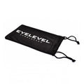A black pouch with drawstrings displays the text EYELEVEL SUNGLASSES prominently while lying flat against a plain white background, designed to hold and protect sunglasses.