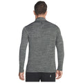 A person is wearing a long-sleeve, dark gray athletic shirt with a textured pattern and a small logo on the back while facing away from the viewer in a plain background.