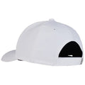 A white baseball cap sits angled with the visor extending forward showcasing a solid design and an open back for adjustability against a plain background.