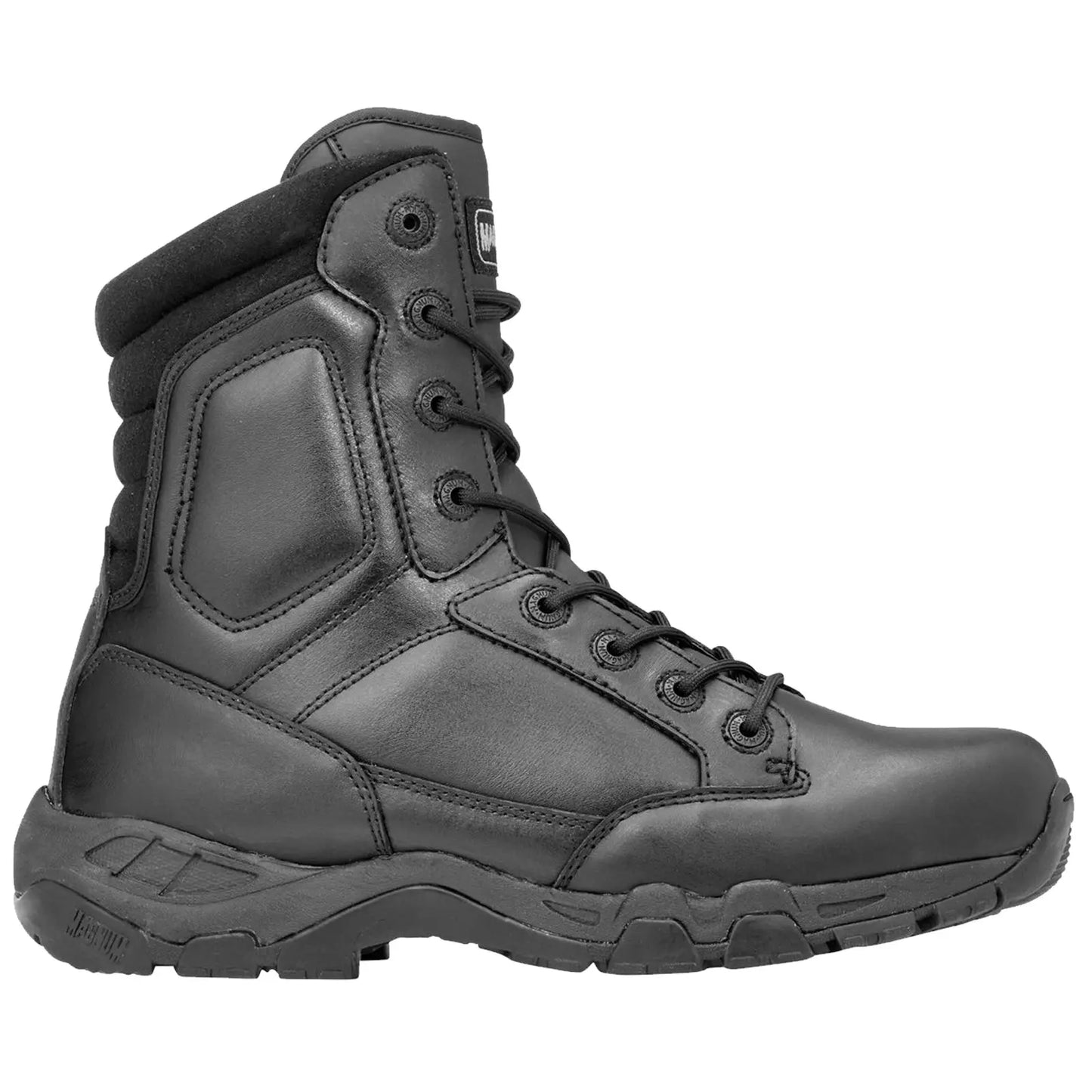 A black tactical boot is positioned upright showcasing its sturdy leather and rubber features with eyelets for laces highlighting durability suitable for rugged environments and outdoor activities.