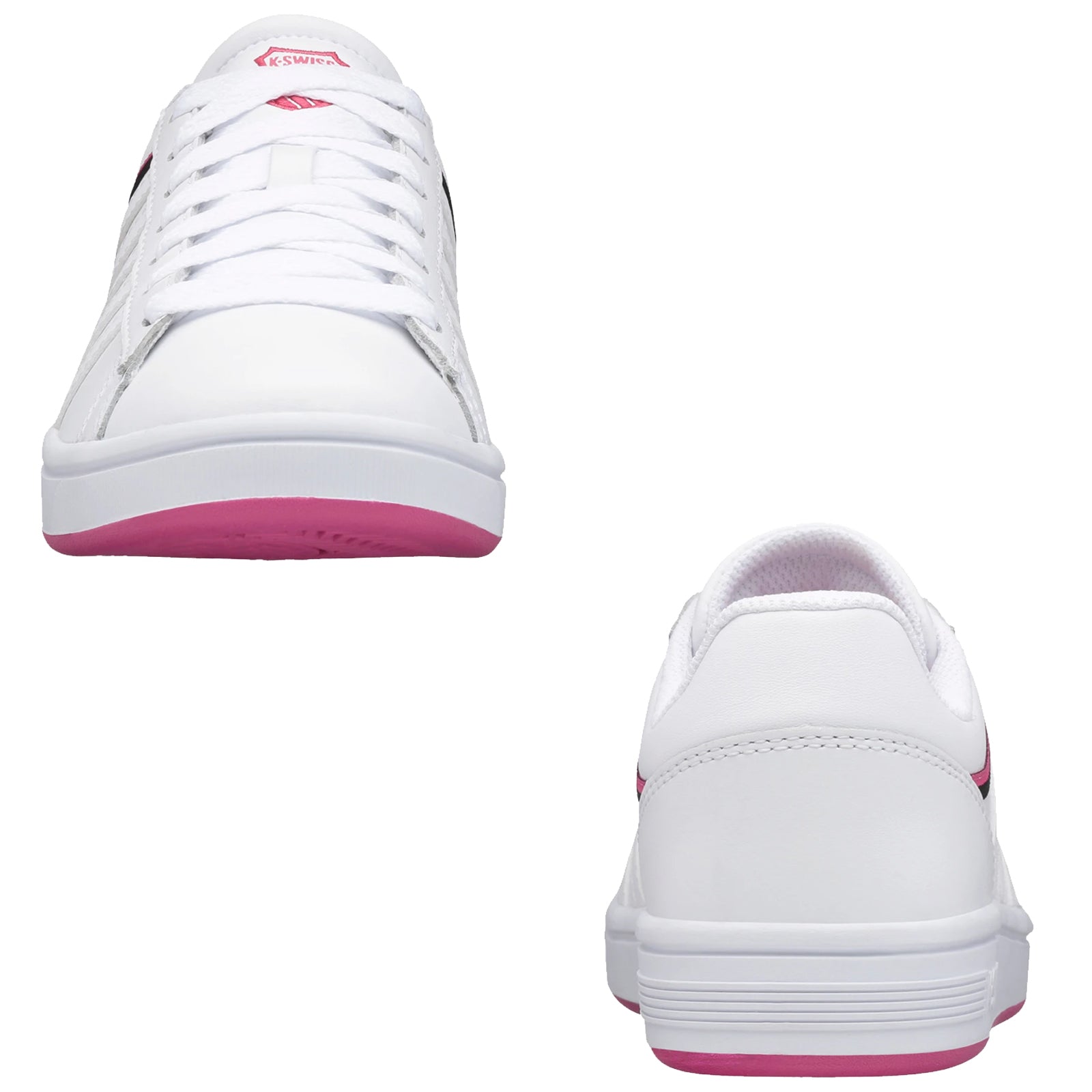 White athletic shoes with laces and a pink sole are displayed from the front and back perspectives against a plain background showcasing their design and color features.
