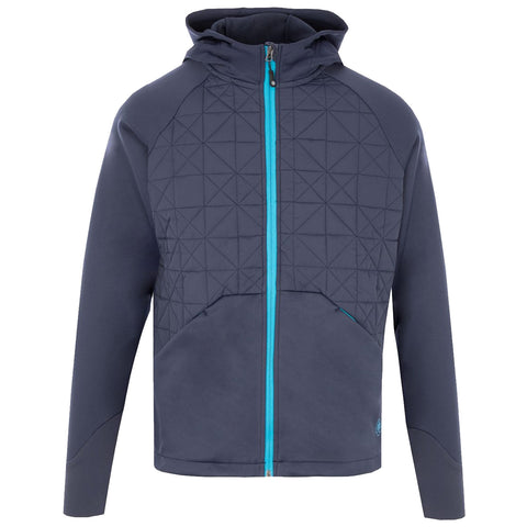 A dark gray zip-up jacket with a textured geometric pattern on the upper half and a solid lower half features a turquoise zipper and hood, suitable for casual wear or outdoor activities.