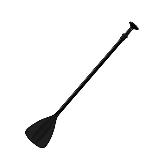 A black paddle with a wide blade is positioned vertically against a plain white background, suitable for water sports like kayaking or paddleboarding.