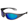 Sunglasses with a sleek black frame and blue-tinted lenses are positioned against a plain background showcasing their design intended for protection against sunlight and enhancing visual comfort.