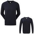 A black knitted sweater is displayed from the front and back showcasing long sleeves and a v-neck design emphasizing its casual style suitable for various occasions