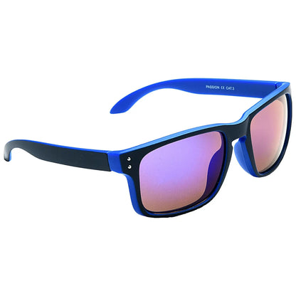 Sunglasses with a blue and black frame and tinted lenses are positioned to display their design against a plain background emphasizing their color and style.