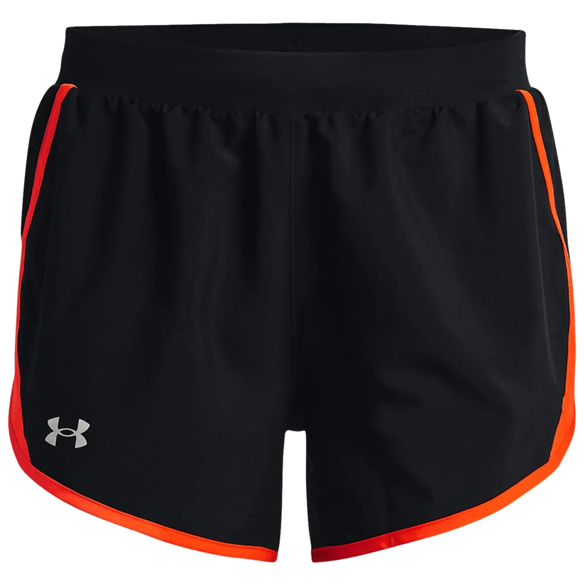 Black athletic shorts with orange side trim are displayed. They have an elastic waistband designed for comfort. The shorts are suitable for sports or casual wear.