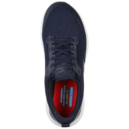 A navy blue sneaker featuring a textured surface and white sole sits on a plain background showcasing the laces and inner lining labeled with "SKECHERS WORK RELAXED FIT MEMORY FOAM" and "SLIP RESISTANT."