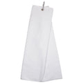 A white towel hangs from a metal clip displaying a clean and simple design in a neutral setting potentially used for drying or wiping surfaces.