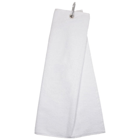 A white towel hangs from a metal clip displaying a clean and simple design in a neutral setting potentially used for drying or wiping surfaces.