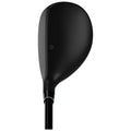 A black golf club head is positioned upright showing its smooth curved surface and ridged face; the sleek design suggests it is ready for use on a golf course.