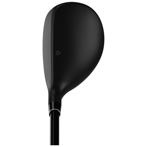 A black golf club head is positioned upright showing its smooth curved surface and ridged face; the sleek design suggests it is ready for use on a golf course.