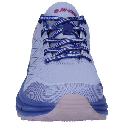 A blue and white athletic shoe is centered in the image with laces tightly tied and branding visible on the tongue the background is plain and neutral.