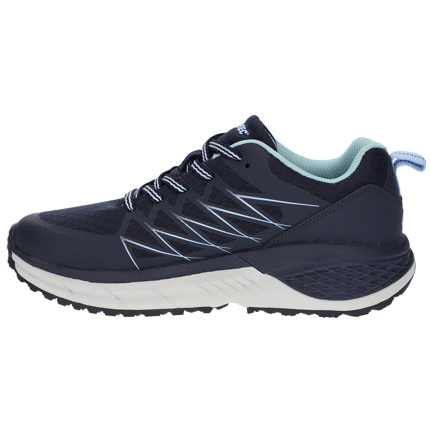 A navy blue athletic shoe features a textured upper and a cushioned sole designed for comfort and support during physical activities placed against a plain white background.