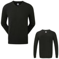 A dark green sweater is displayed from two angles showcasing its v-neck design and long sleeves. It is set against a plain background emphasizing its style and texture.