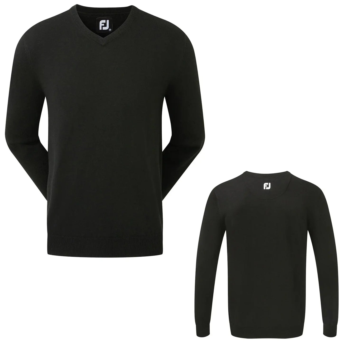 A dark green sweater is displayed from two angles showcasing its v-neck design and long sleeves. It is set against a plain background emphasizing its style and texture.