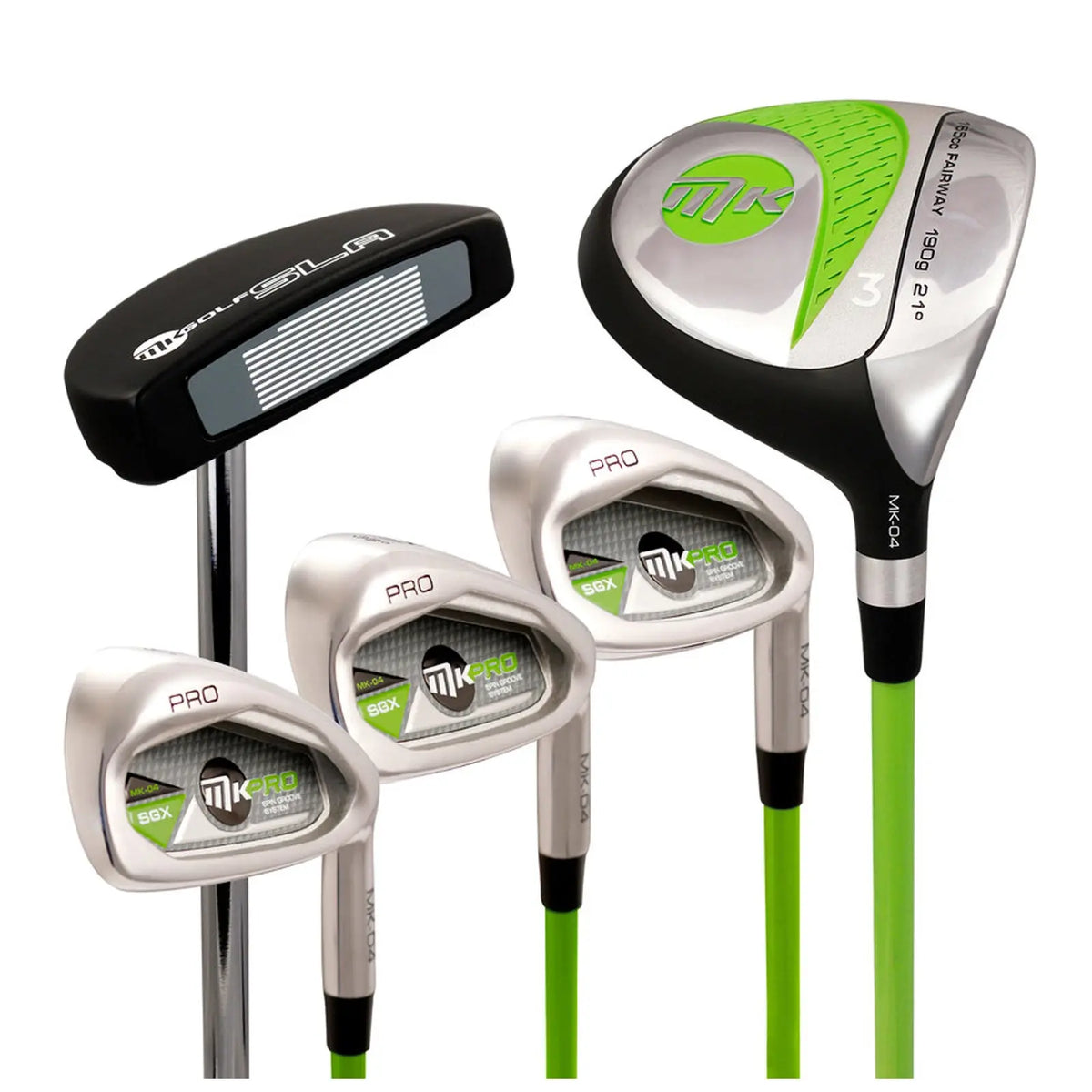 A set of golf clubs is displayed featuring a putter and three iron clubs alongside a fairway wood. The clubs have sleek designs with green highlights and branding.